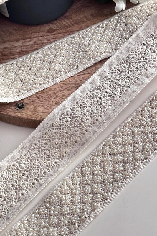 Ivory Pearl Beaded Trim 2 Inch Wide Wedding Gown Ribbon for Dress Sashes