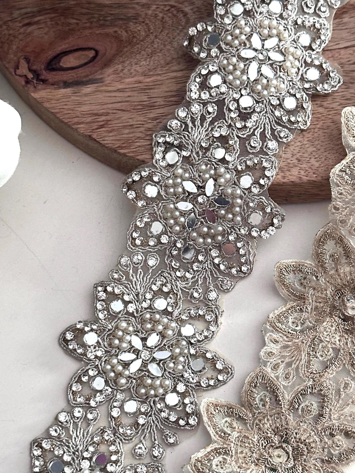 Rhinestone Beaded Lace Trim Silver