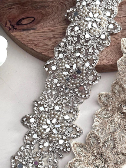 Rhinestone Beaded Lace Trim Silver