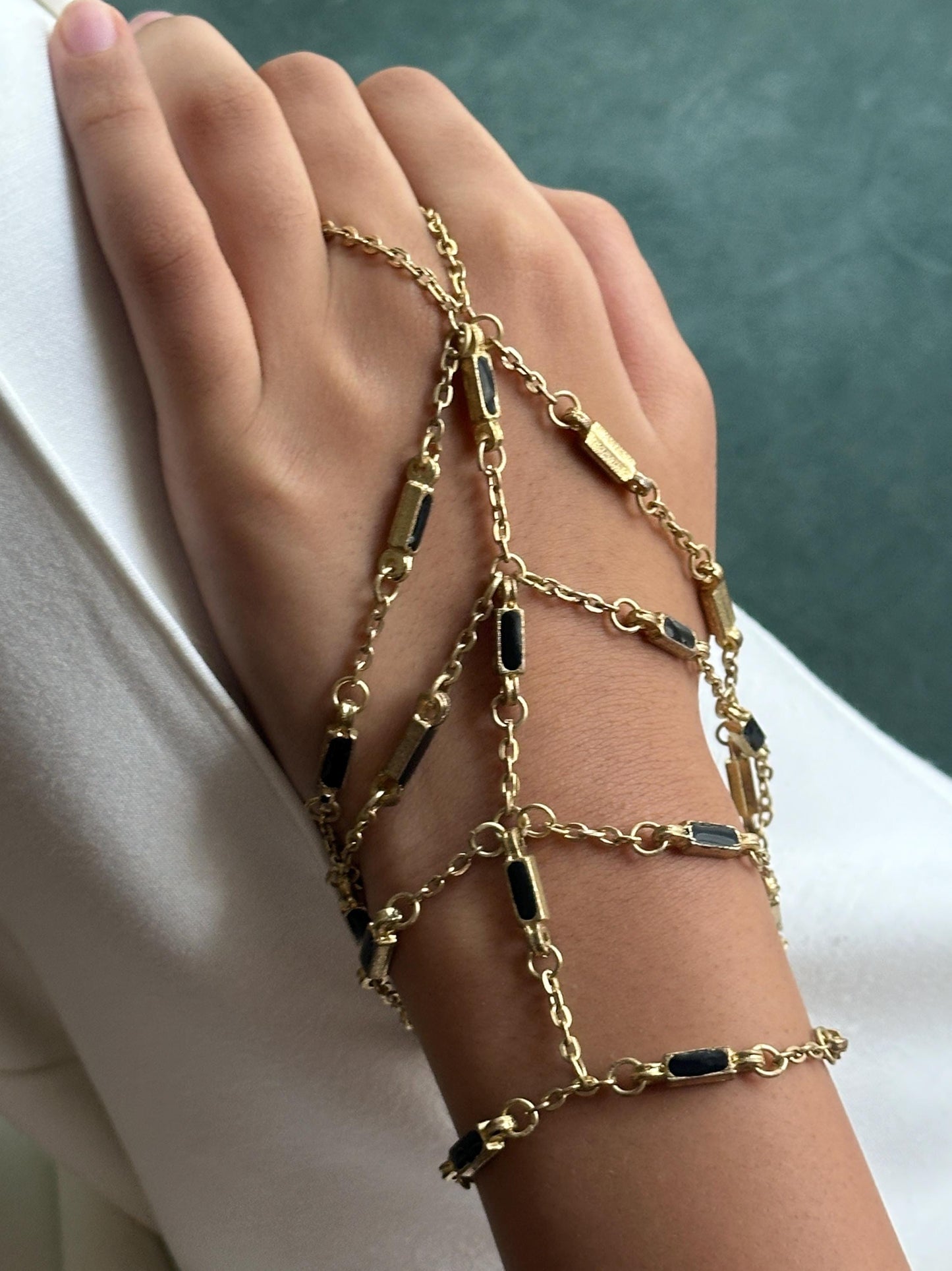 Gold Chain Foot Harness & Hand Harness Jewelry Boho Barefoot Sandal with Black Enamel Accent Festival Beach Wedding Belly Dance Accessories