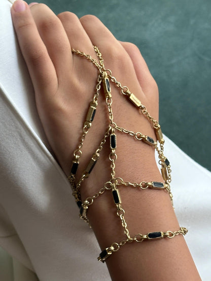 Gold Chain Foot Harness & Hand Harness Jewelry Boho Barefoot Sandal with Black Enamel Accent Festival Beach Wedding Belly Dance Accessories