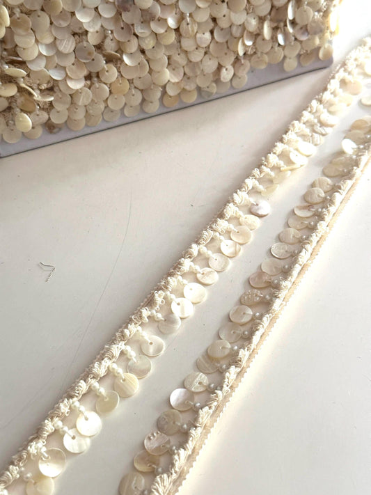 Natural Shell Sequin Lace Trim with Pearls Ivory Macrame Border for Bridal Boho Beachwear DIY Craft & Accessories