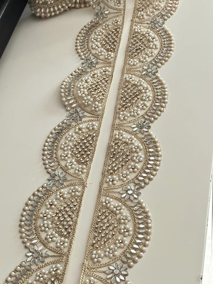 Scalloped Pearl Mirror Lace Trim  Wide Gold Embroidered Border for Veils Saree DIY Bridal Decor Designer Indian Craft Ribbon Broad lace