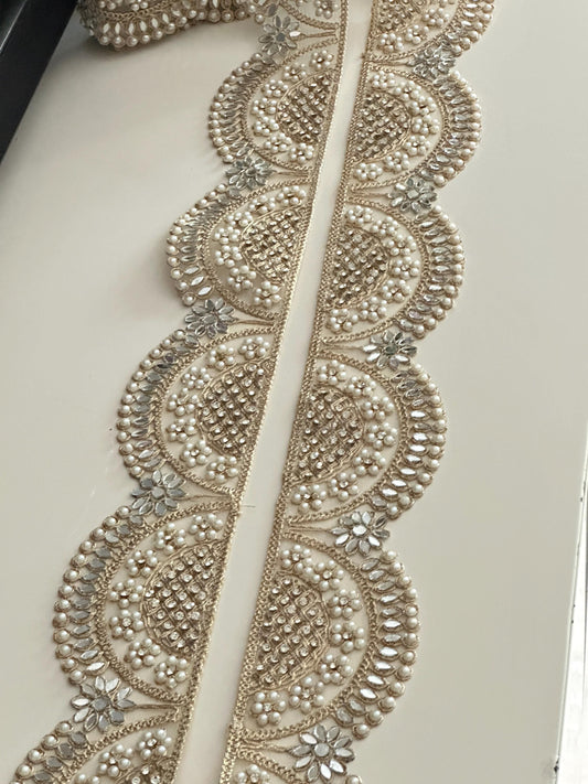 Scalloped Pearl Mirror Lace Trim  Wide Gold Embroidered Border for Veils Saree DIY Bridal Decor Designer Indian Craft Ribbon Broad lace