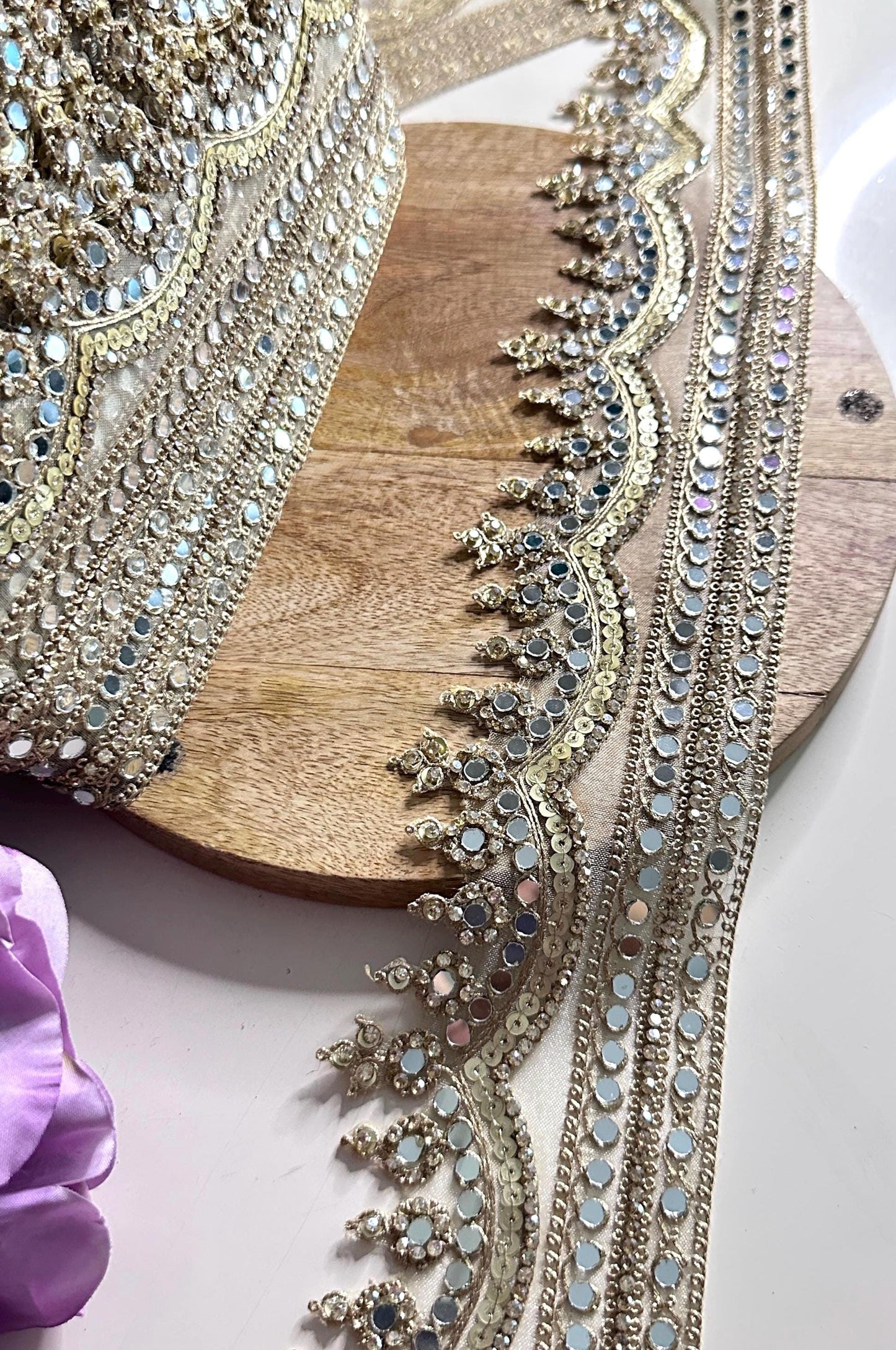 Luxury Mirror Work Gold Trim for Bridal Gown  Lehenga Saree Dupatta Sequin Embroidered Indian Lace Border for Wedding Dress Blouse DIY Craft