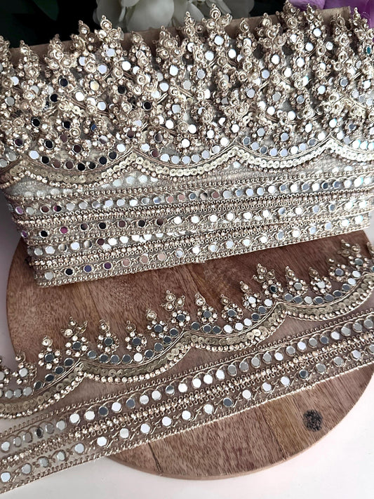 Luxury Mirror Work Gold Trim for Bridal Gown  Lehenga Saree Dupatta Sequin Embroidered Indian Lace Border for Wedding Dress Blouse DIY Craft