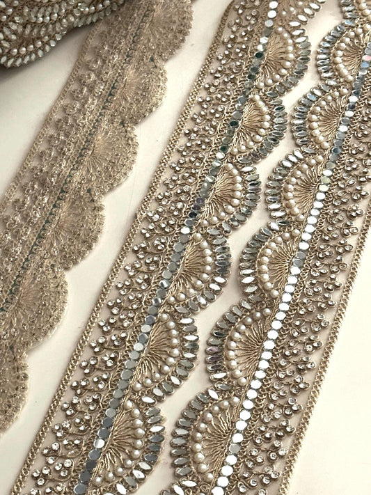 Scallop Mirror Pearl Lace Trim Gold Embroidered Bridal Border for Veils Sarees, Wedding Costumes & Decor Handmade Indian Ribbon 3 Inch