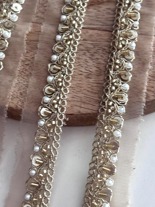 Luxury 9Yard Beaded Lace Trim Pearl & Glass Bead Cutdana Embroidery for Costume Lehengas Veil  Craft Project Decor Edging Ribbon