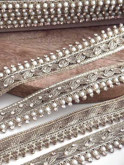 Gold Pearl Beaded Trim Embroidered Lace Saree Border Wedding Dress Trim