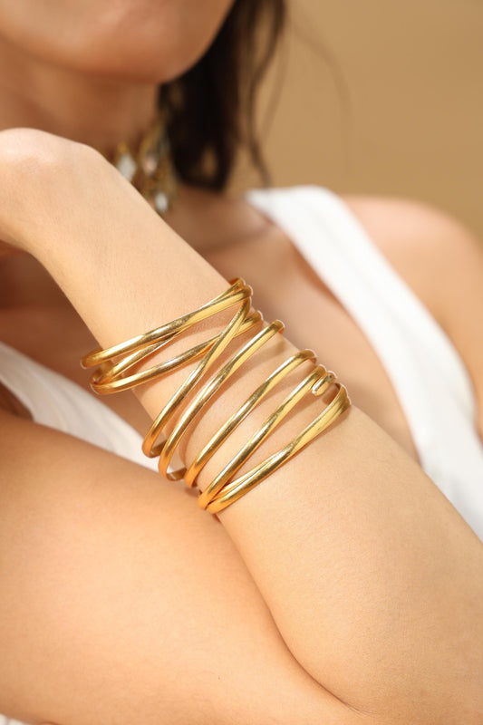 Gold Spiral Bracelet 24K Gold Plated Brass Armlet Adjustable Cuff Bold Statement Arm Jewelry Modern Coil Bangle Handmade Fashion Accessory