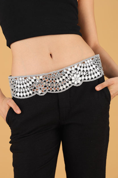 Silver Mirrorwork Waist Belt – Handmade Boho Choker Belt – Festival Fashion Accessory – Indian Crystal Lace Jewelry