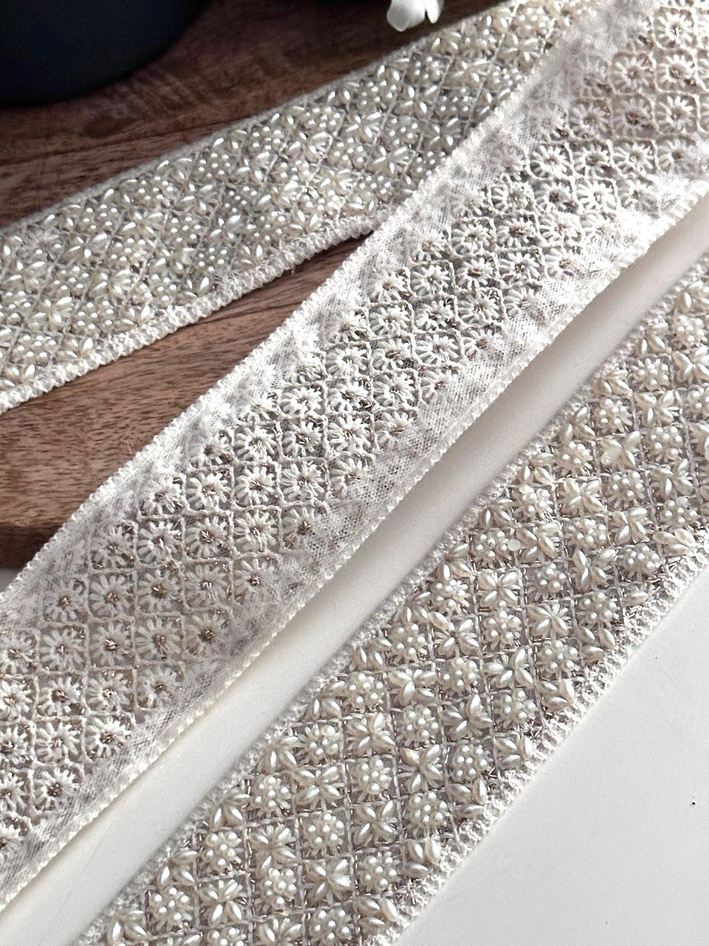 Ivory Pearl Beaded Trim 2 Inch Wide Wedding Gown Ribbon for Dress Sashes