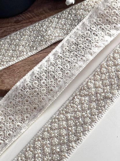 Ivory Pearl Beaded Trim 2 Inch Wide Wedding Gown Ribbon for Dress Sashes