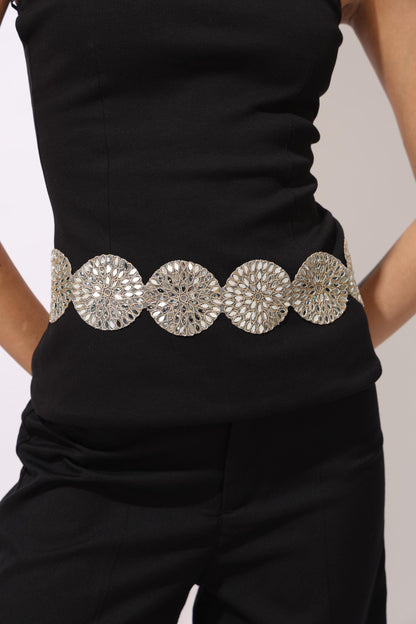 Handmade Mirror Crystal Waist Belt Jewelry Statement Accessory Circular disc Belt for Dress Saree Jumpsuit Fusion Wear