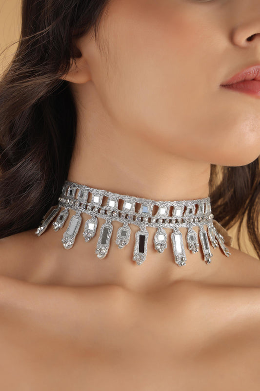 Silver Choker Necklace  Zircon Handmade Gothic Lace Choker – Adjustable Fabric Statement Necklace  Party Accessory Gift for Her