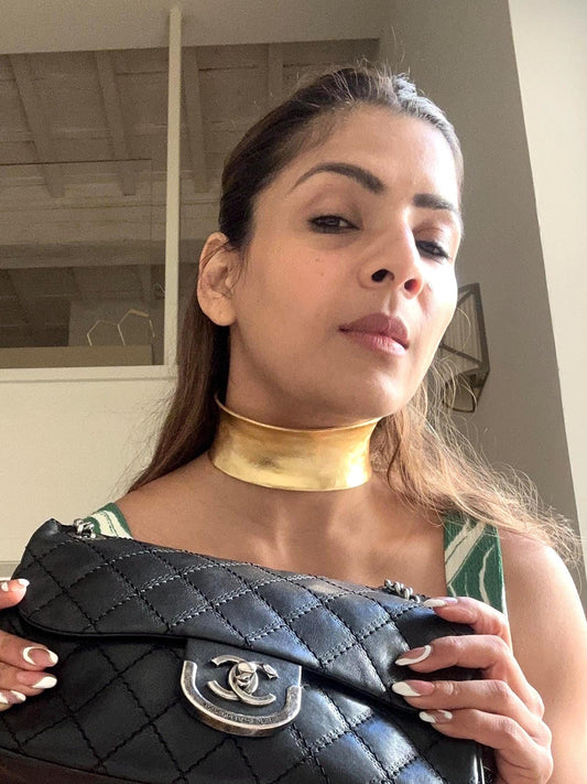 Bold Gold Metal Choker Necklace Adjustable Statement Wide Collar High Shine Brass Choker Power Jewelry for Women Afro-Futurist Neckpiec