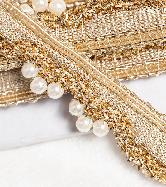 Handmade Pearl Tassel Lace Gold Thread Embroidery Indian Crafting Sew on Trim