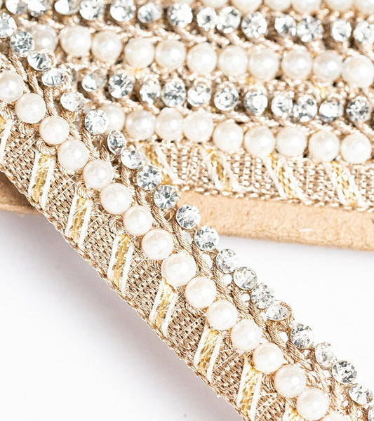 Light Gold Pearl Indian Bridal Belt Handmade Fabric Stone Embellished Crafting Lace