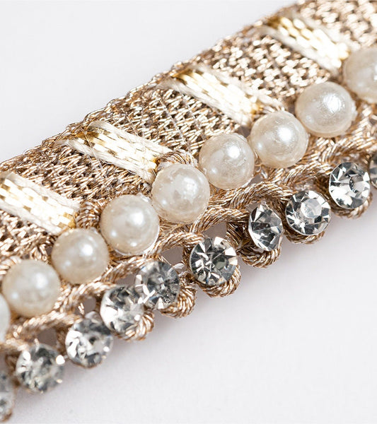 Light Gold Pearl Indian Bridal Belt Handmade Fabric Stone Embellished Crafting Lace