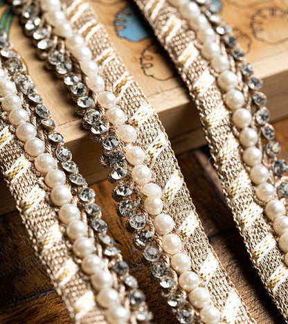 Light Gold Pearl Indian Bridal Belt Handmade Fabric Stone Embellished Crafting Lace