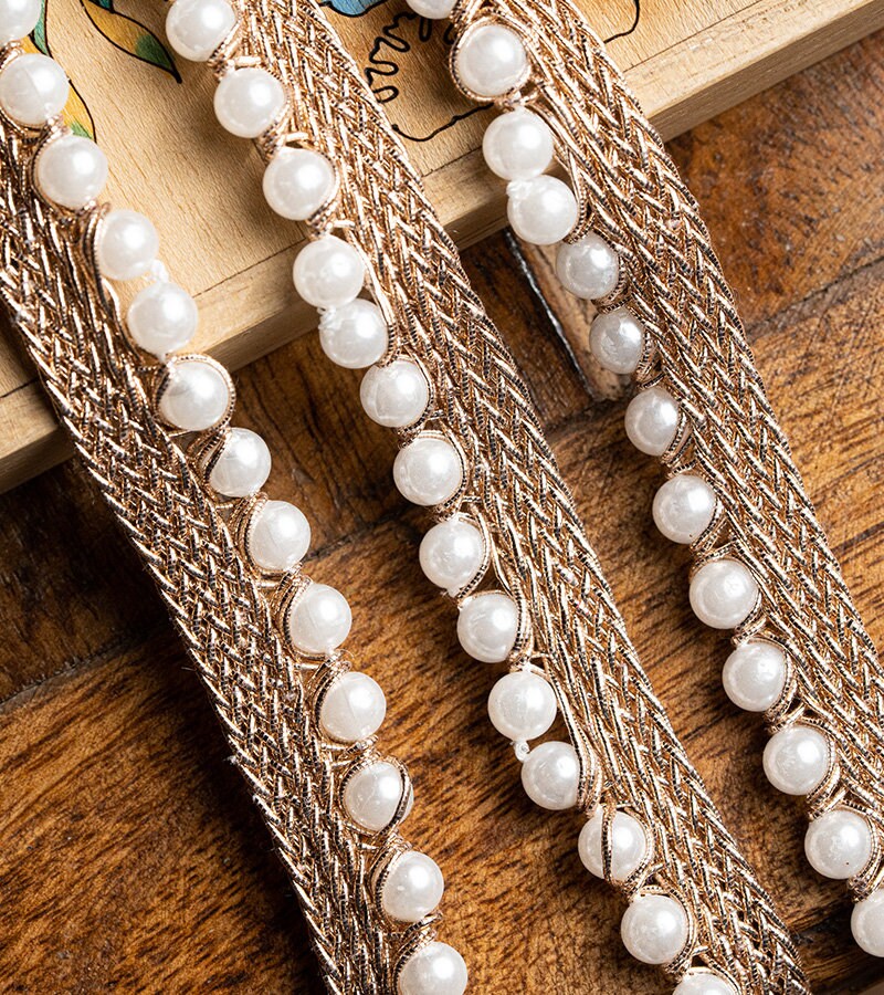 Pearl Seed Bead Metallic Gold Trim Sari Border Lace