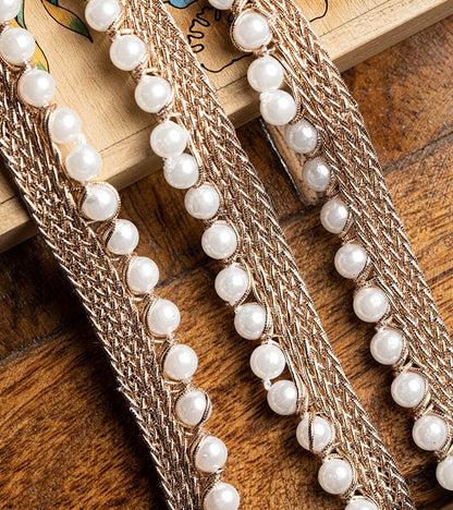 Pearl Seed Bead Metallic Gold Trim Sari Border Lace