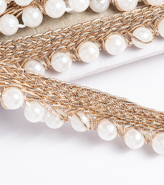 Pearl Seed Bead Metallic Gold Trim Sari Border Lace