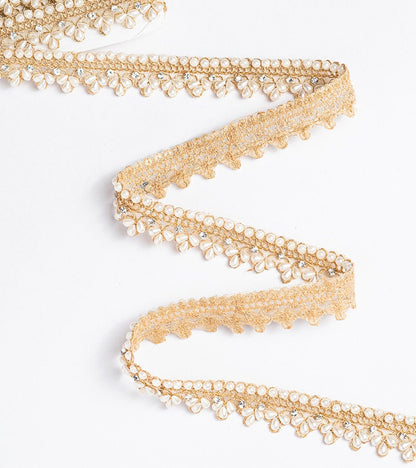 Pale Gold Pearl Bead Lace Indian Zari Stone Work Crafting Lace For Costume Sari Dupatta Edging Lace