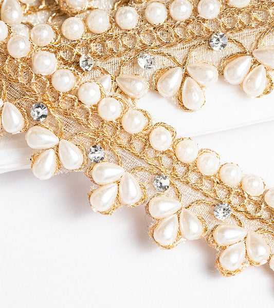 Pale Gold Pearl Bead Lace Indian Zari Stone Work Crafting Lace For Costume Sari Dupatta Edging Lace