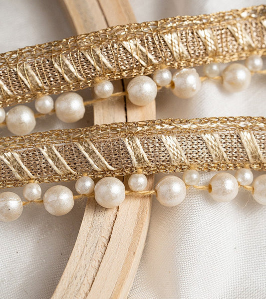 Light Gold Pearl Seed Bead Decorative Lace Trim Indian Embroidered Edging Lace