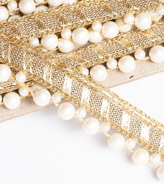 Light Gold Pearl Seed Bead Decorative Lace Trim Indian Embroidered Edging Lace
