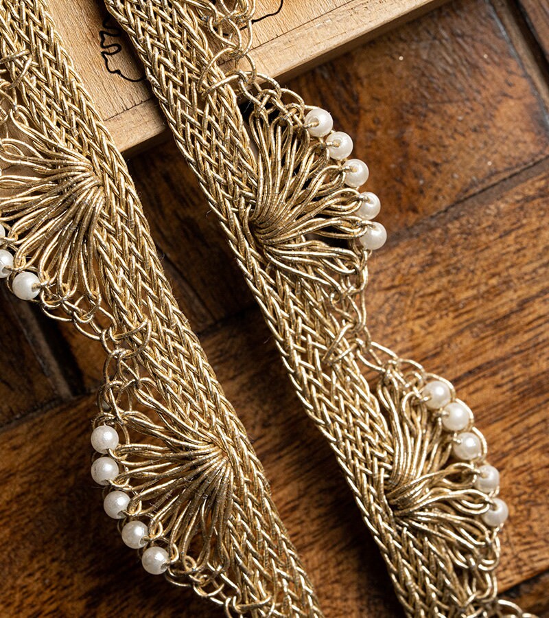Scalloped Gold Trim Pearl Seed Bead Metallic Lace