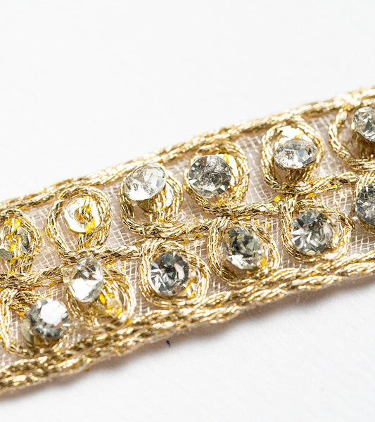 Pearl Embellished Ribbon On Tulle Fabric Gold Thread Decorative Ribbon Lace
