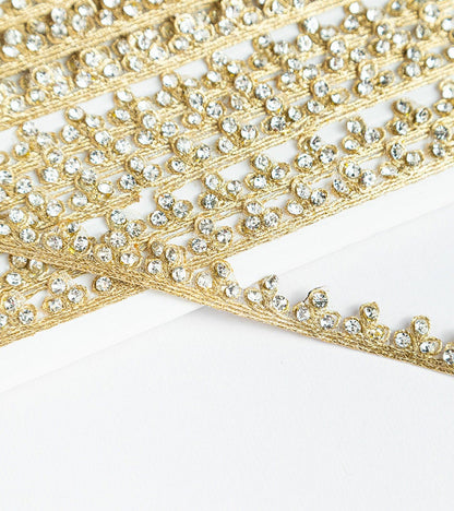 Rhinestone Embellished Ribbon Lace trim Gold Colour 1cm Zari fabric work for Dupatta custom party Sewing Crafting supplies Costume 9mtr