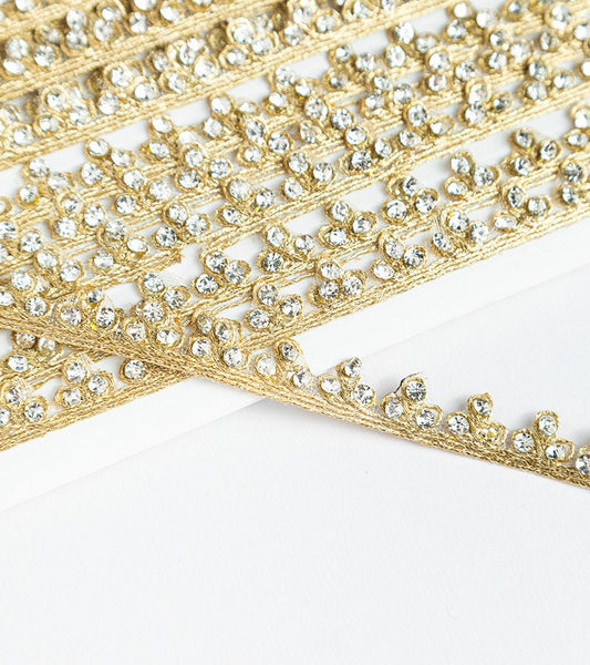 Rhinestone Embellished Ribbon Lace trim Gold Colour 1cm Zari fabric work for Dupatta custom party Sewing Crafting supplies Costume 9mtr