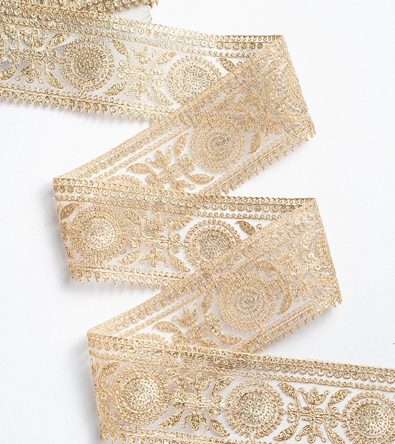 Gold Zari Border with beautiful paisley zari thread work 6cm Tulle Ribbon