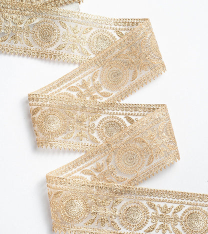 Gold Zari Border with beautiful paisley zari thread work 6cm Tulle Ribbon