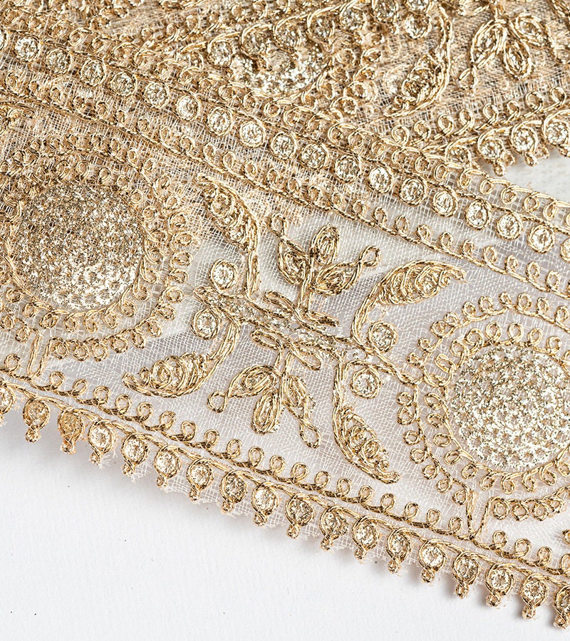 Gold Zari Border with beautiful paisley zari thread work 6cm Tulle Ribbon