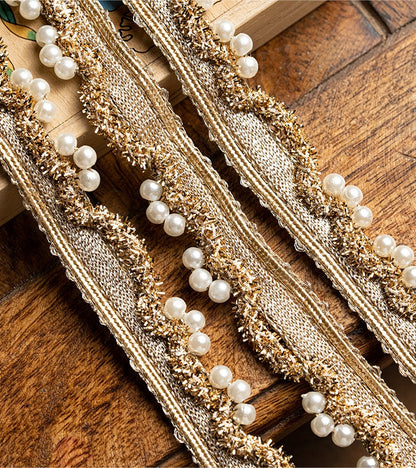 Handmade Pearl Tassel Lace Gold Thread Embroidery Indian Crafting Sew on Trim