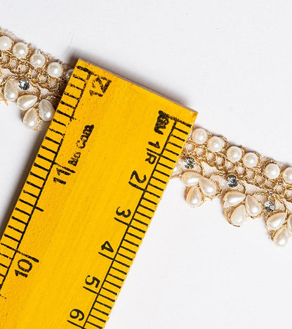 Pale Gold Pearl Bead Lace Indian Zari Stone Work
