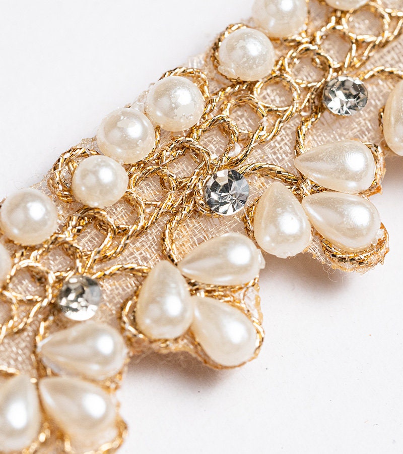 Pale Gold Pearl Bead Lace Indian Zari Stone Work