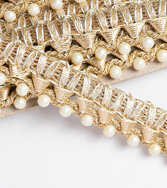 Indian Embroidered Pearl Drop Lace Trim 9m Gold Thread Handmade Ribbon wedding party