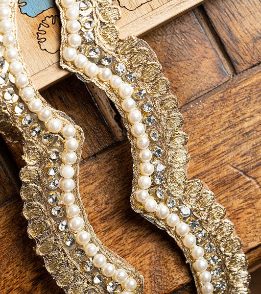 Pearl and zircon Lace Trim 1 yard Sew-on Saree Tassel Chain DIY Bridal Belts