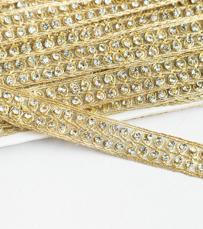 Pearl Embellished Ribbon On Tulle Fabric Gold Thread Decorative Ribbon Lace