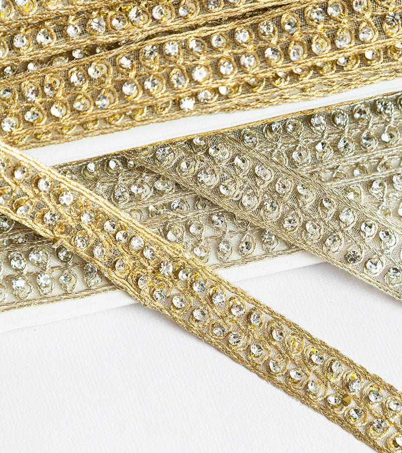 Pearl Embellished Ribbon On Tulle Fabric Gold Thread Decorative Ribbon Lace