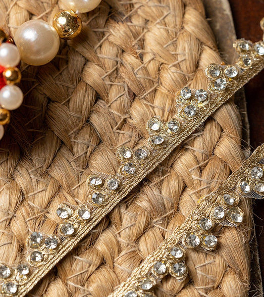 Rhinestone Embellished Ribbon Lace trim Gold Colour 1cm Zari fabric work for Dupatta custom party Sewing Crafting supplies Costume 9mtr