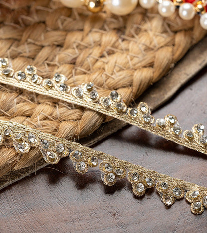 Rhinestone Embellished Ribbon Lace trim Gold Colour 1cm Zari fabric work for Dupatta custom party Sewing Crafting supplies Costume 9mtr