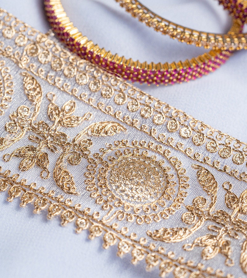 Gold Zari Border with beautiful paisley zari thread work 6cm Tulle Ribbon