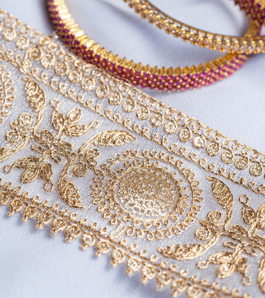Gold Zari Border with beautiful paisley zari thread work 6cm Tulle Ribbon