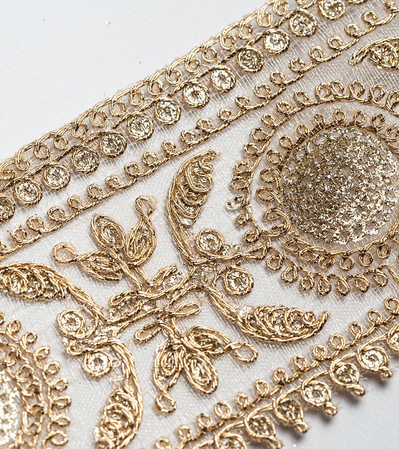 Gold Zari Border with beautiful paisley zari thread work 6cm Tulle Ribbon